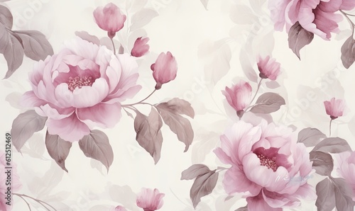  a floral wallpaper with pink flowers and leaves on a white background with pink and gray leaves on it and a light pink background with a light pink center. generative ai