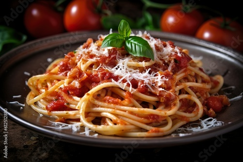 Spaghetti alla Amatriciana with pancetta bacon  tomatoes and pecorino cheese   Generative AI 