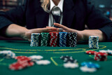 Woman dealer or croupier shuffling poker cards in casino holding two playing cards. Casino. poker