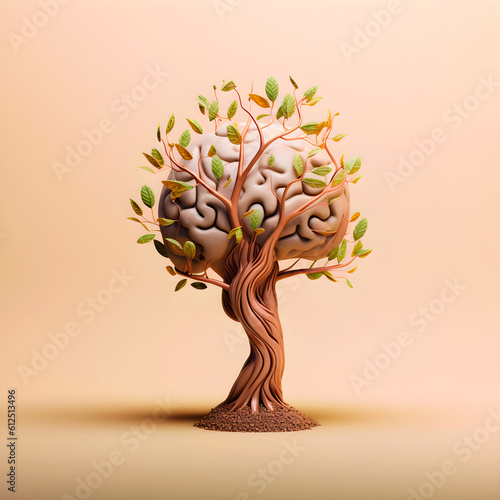 Tree that is a brain with branches and green leaves. AI Generative.