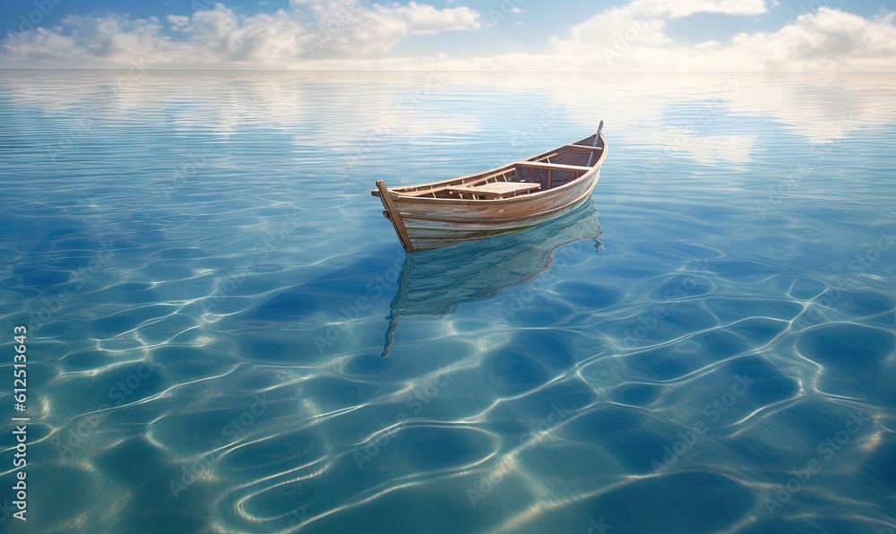 Fototapeta premium a small boat floating on top of a lake under a blue sky with clouds in the sky and water ripples on the surface of the water. generative ai