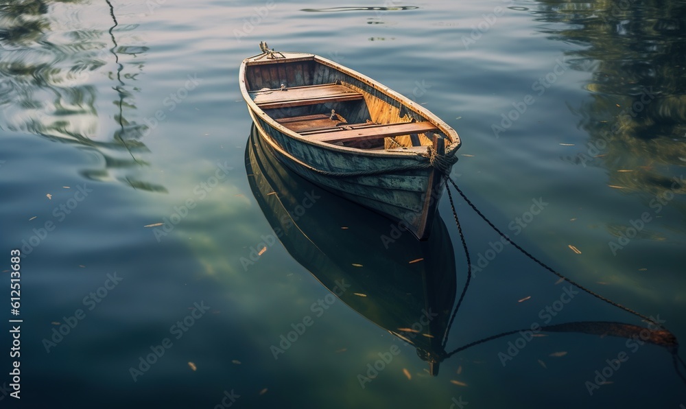  a small boat floating on top of a lake next to a shore covered in grass and trees in the background, with a rope attached to the front of the boat.  generative ai
