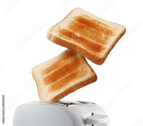 Obraz na płótnie Roasted toasts popping out of a white toaster, cut out
