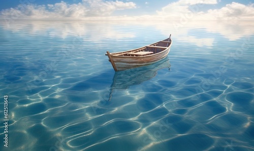  a small boat floating on top of a lake under a blue sky with clouds in the sky and water ripples on the surface of the water. generative ai