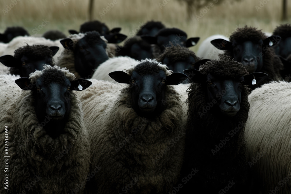 Obraz premium Black sheep in a flock of white sheeps. Generative AI