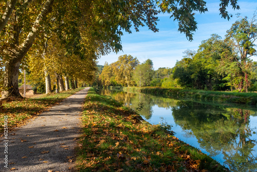 Canal of the Garonne River in autumn near Moissac, France