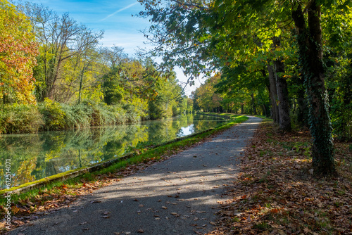 Canal of the Garonne River in autumn near Moissac, France