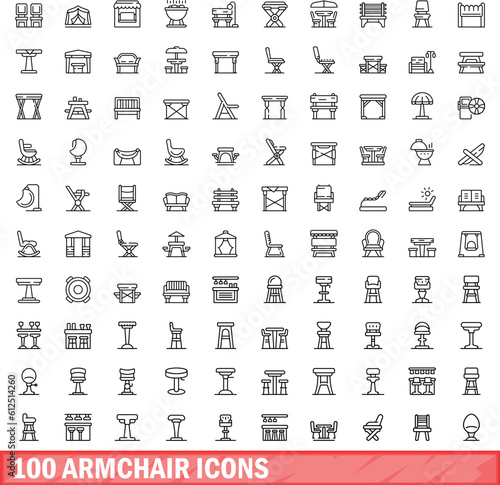 100 armchair icons set. Outline illustration of 100 armchair icons vector set isolated on white background