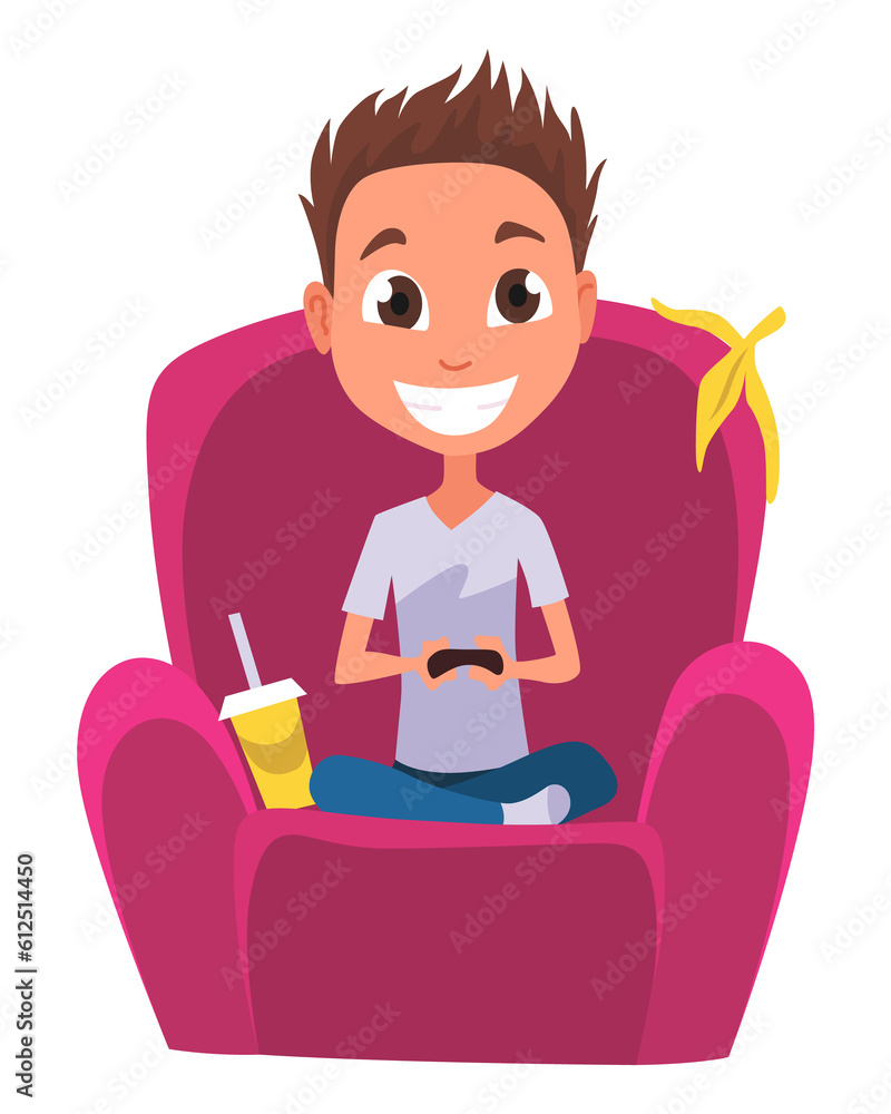 Video gaming kids. Boy playing games on joystick on game console. Kid video game addiction. Joyful teenager. illustration of flat design Video gaming kids. Boy playing games on joystick on game console. Kid video game addiction. Joyful teenager. illustration of flat design