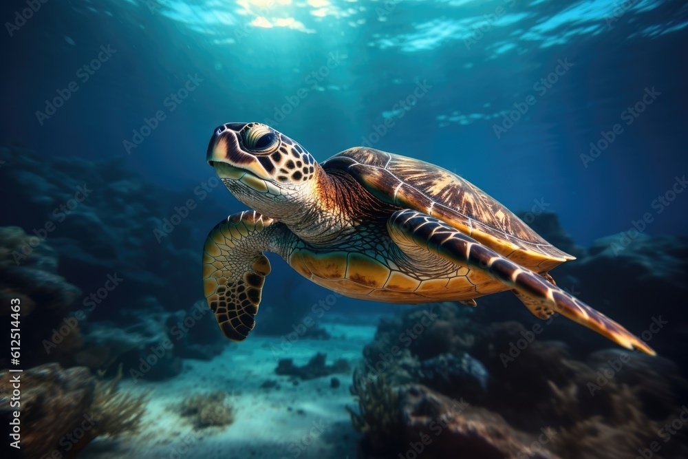 Fototapeta premium Turtle swimming in the deep sea, underwater photography. Generative AI