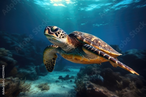 Turtle swimming in the deep sea, underwater photography. Generative AI © Evandro