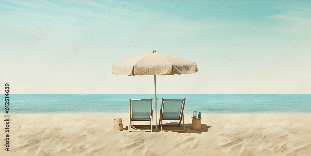 photo of summer beach with chair and umbrella under the shiny sky , AI generated