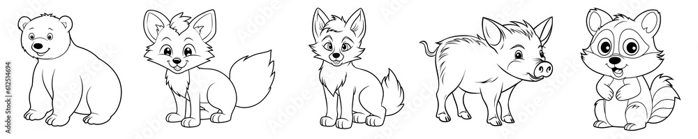 Forest animals - cute Bear, Fox, Wolf, Boar and Racoon, simple thick lines kids or children cartoon coloring book pages. Clean drawing can be vectorized to illustration easily. Generative AI
