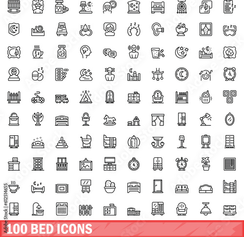 100 bed icons set. Outline illustration of 100 bed icons vector set isolated on white background