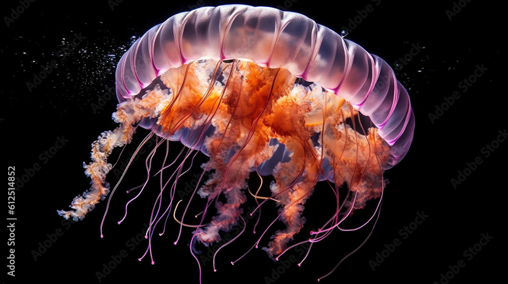 A stunning shot of a jellyfish in motion, capturing its translucent body and trailing tentacles, as if it's dancing gracefully through the water Generative AI