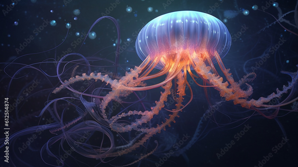An ethereal jellyfish with trailing tentacles that resemble delicate threads, floating in a sea of tranquility, evoking a sense of peace and serenity Generative AI