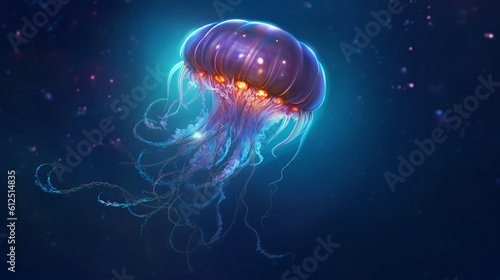 An ethereal jellyfish with trailing tentacles that resemble delicate threads, floating in a sea of tranquility, evoking a sense of peace and serenity Generative AI © Наталья Евтехова