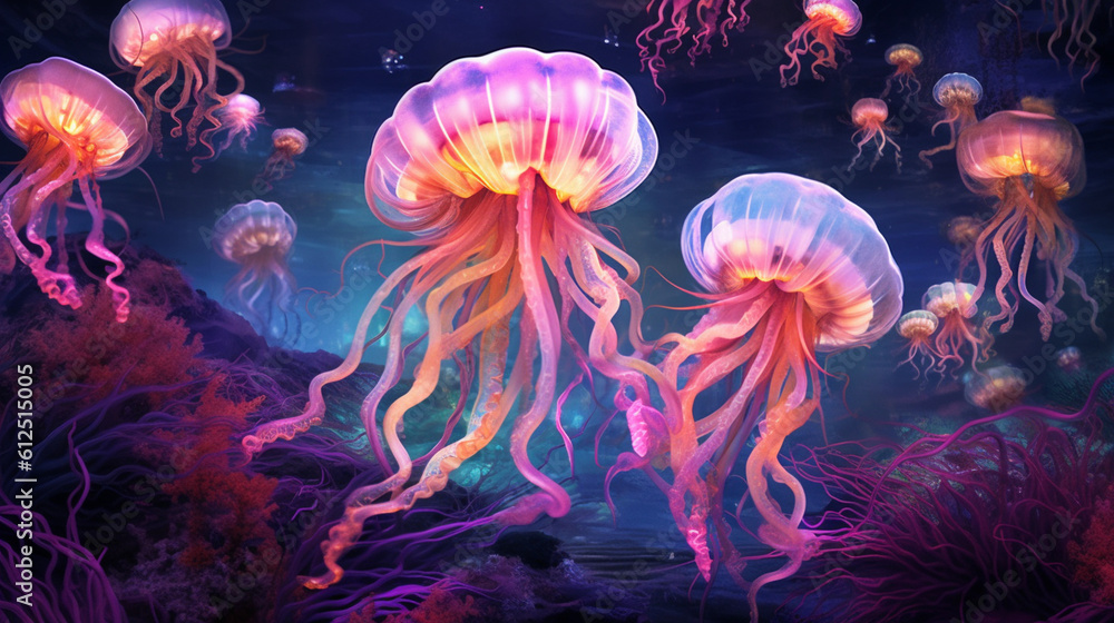 A mesmerizing composition showcasing a variety of jellyfish species, each with its unique colors and tentacle patterns, creating a vibrant and diverse underwater tapestry Generative AI