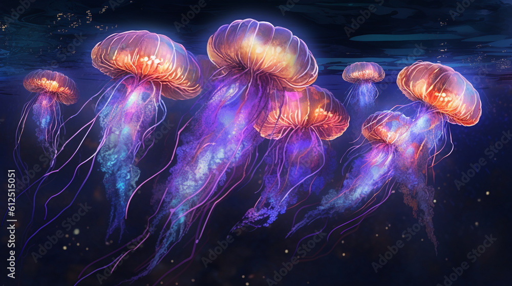 A mesmerizing composition featuring a group of jellyfish gently pulsating in unison, creating a mesmerizing rhythm and showcasing the harmony of nature Generative AI A mesmerizing composition featuring a group of jellyfish gently pulsating in unison, creating a mesmerizing rhythm and showcasing the harmony of nature Generative AI