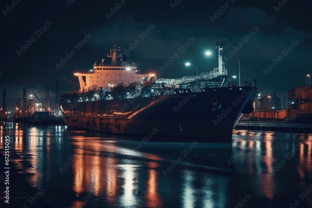 Oil tanker docked in an offshore dock at night or dawn sea. Backbone of global trade and logistics. beautiful stars in the dusk night sky. Generative AI