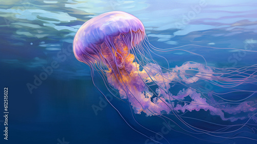 A tranquil scene of a jellyfish drifting in calm waters, its undulating movements creating ripples on the surface, offering a glimpse into the serene and delicate world beneath Generative AI