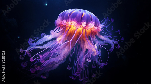 A captivating shot of a jellyfish illuminated by vibrant underwater lighting, with its translucent body and trailing tentacles creating a mesmerizing and captivating display Generative AI