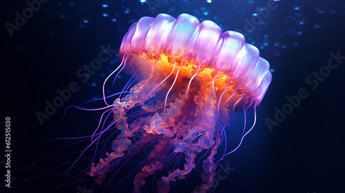 A captivating shot of a jellyfish illuminated by vibrant underwater lighting, with its translucent body and trailing tentacles creating a mesmerizing and captivating display Generative AI