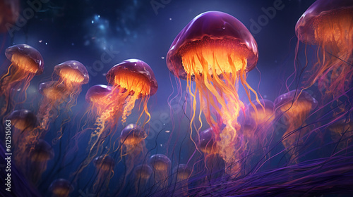 A mesmerizing composition featuring a group of jellyfish gently pulsating in unison, creating a mesmerizing rhythm and showcasing the harmony of nature Generative AI