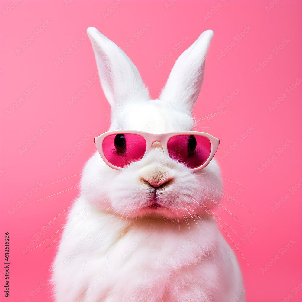 Rabbit with sunglasses and pink background. AI Generative. Rabbit with sunglasses and pink background. AI Generative.