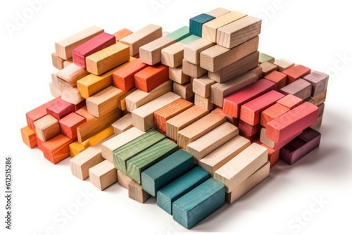 Wooden blocks roughly placed, isolated on white. All different colors. Generative AI