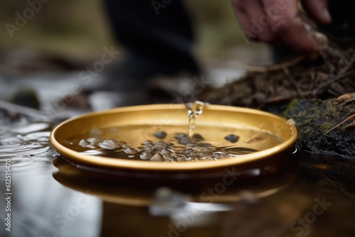 Finding gold. gold panning or digging. Gold on wash pan. Shallow depth of field. Generative AI