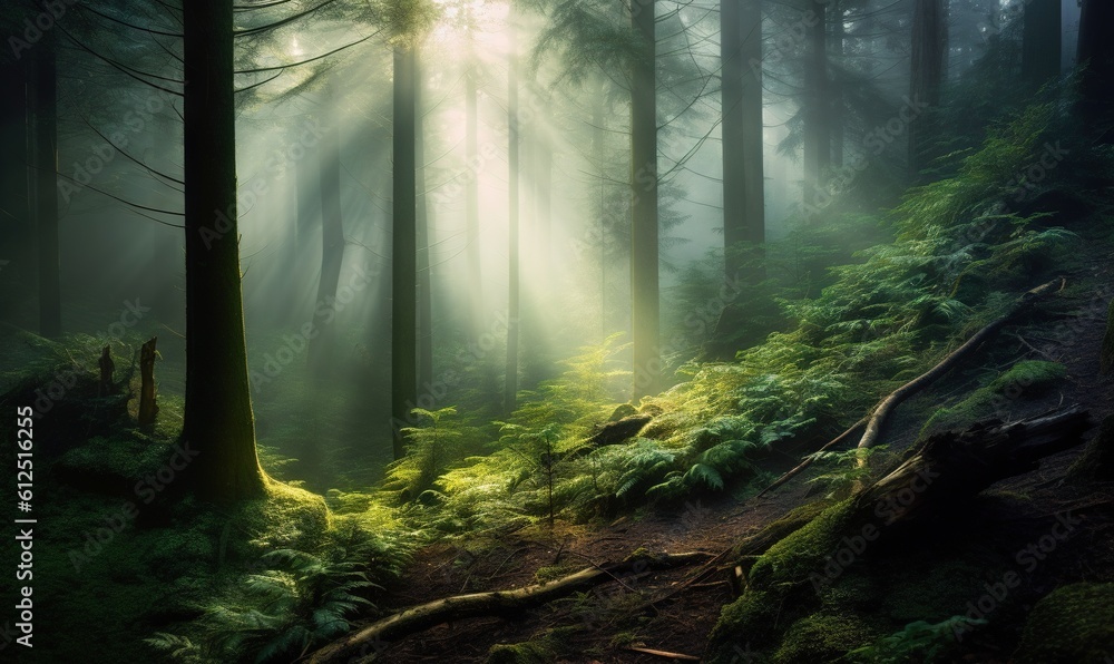  a path in a forest with lots of trees and grass on the side of the path is covered in green moss and light beams of sunlight coming through the trees.  generative ai