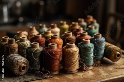 Color selection in textiles. Earthy colors. Large spool of colored threads on old work table aligned sideways. Shallow depth of field. Generative AI