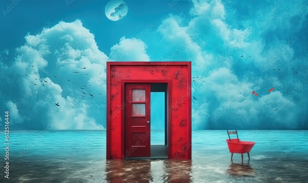  a red chair sitting in front of a red door in the middle of a body of water with a sky full of clouds behind it.  generative ai