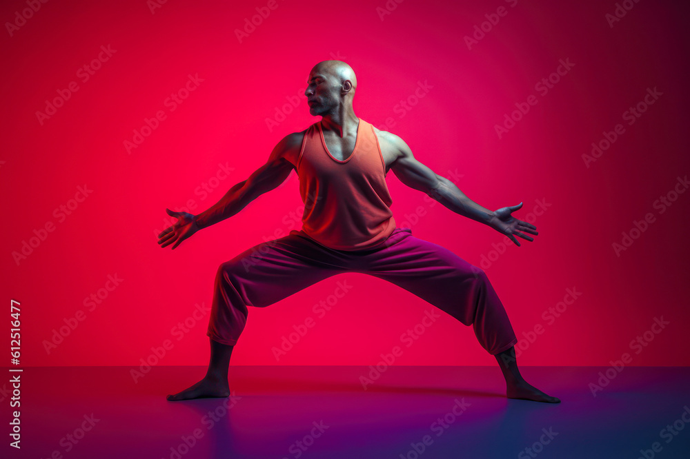 Athletic man standing in dynamic pose, wearing sleeveless red shirt, red and purple background.  Generative AI