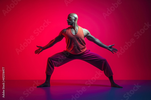 Athletic man standing in dynamic pose, wearing sleeveless red shirt, red and purple background. Generative AI