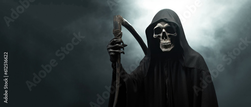 Scary Grim Reaper Banner for Halloween with Space for Copy. Generative AI photo
