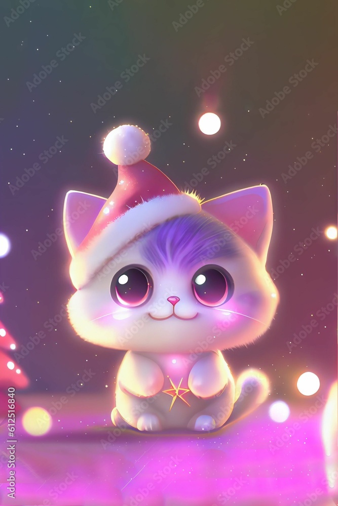 Vertical illustration of a cute Christmas kitten surrounded by glowing lights on empty background