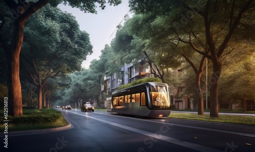  a trolley car traveling down a street next to tall buildings and trees in the evening time with a car passing by on the road next to the light. generative ai