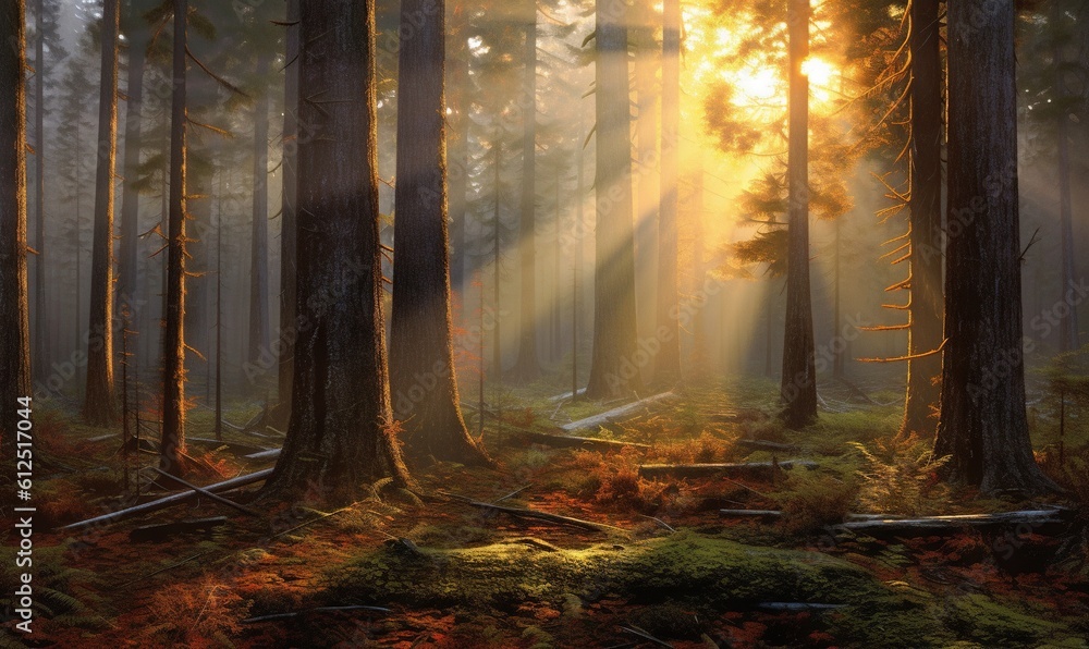 Obraz premium the sun shines through the trees in a forest filled with grass and trees with fallen leaves on the ground and on the ground, and in the foreground is a grassy area with. generative ai