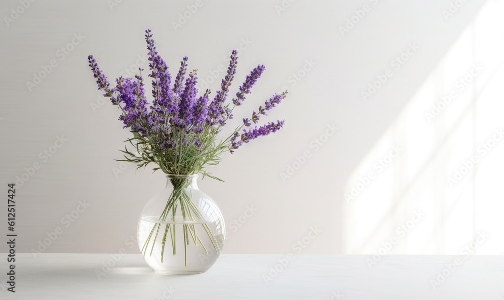 a vase with some purple flowers in it on a white tablecloth with a window behind it and a white wall behind it and a white wall behind the vase. generative ai a vase with some purple flowers in it on a white tablecloth with a window behind it and a white wall behind it and a white wall behind the vase. generative ai