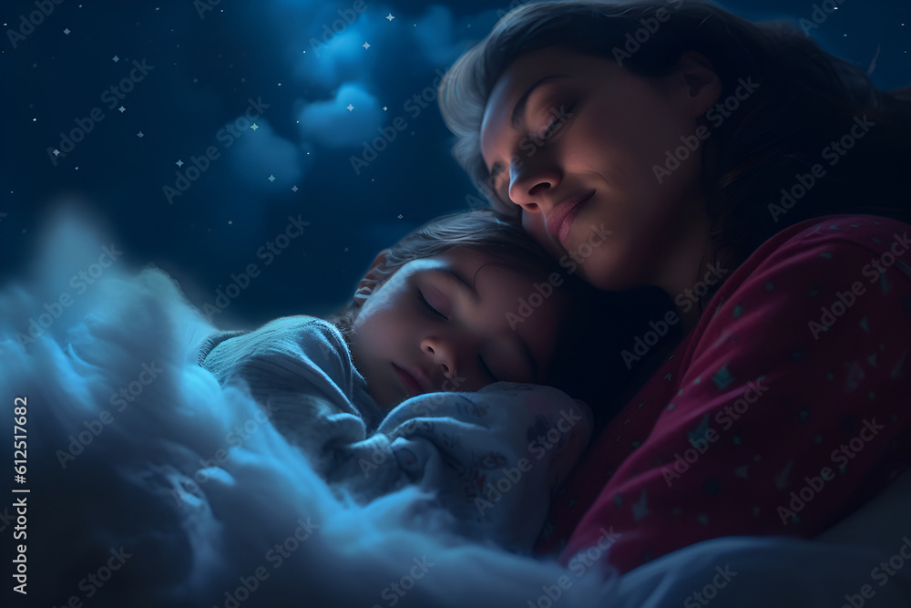 Mother with a little girl sleeping in the cloud. Generative AI. Mother with a little girl sleeping in the cloud. Generative AI.