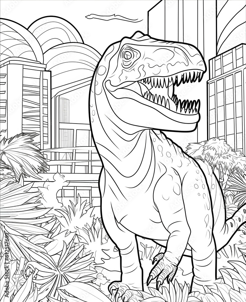 coloring page for kids, tyranosaurus rex in a jungle, in Hollywood town ...