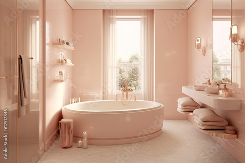 luxury modern bathroom with pink walls and a free standing bathtub and arch window. interior design bathroom   generative ai