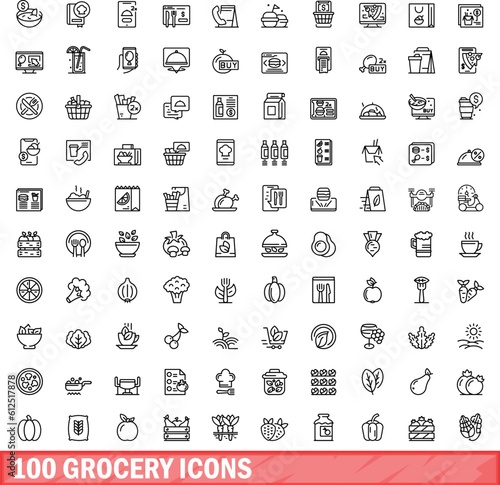 100 grocery icons set. Outline illustration of 100 grocery icons vector set isolated on white background