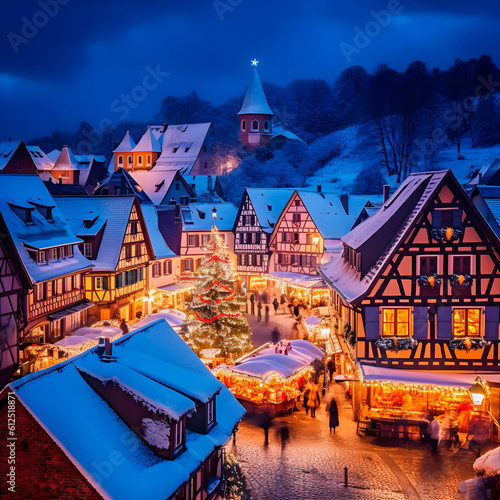 Alsace village at night at Christmas. AI Generative.