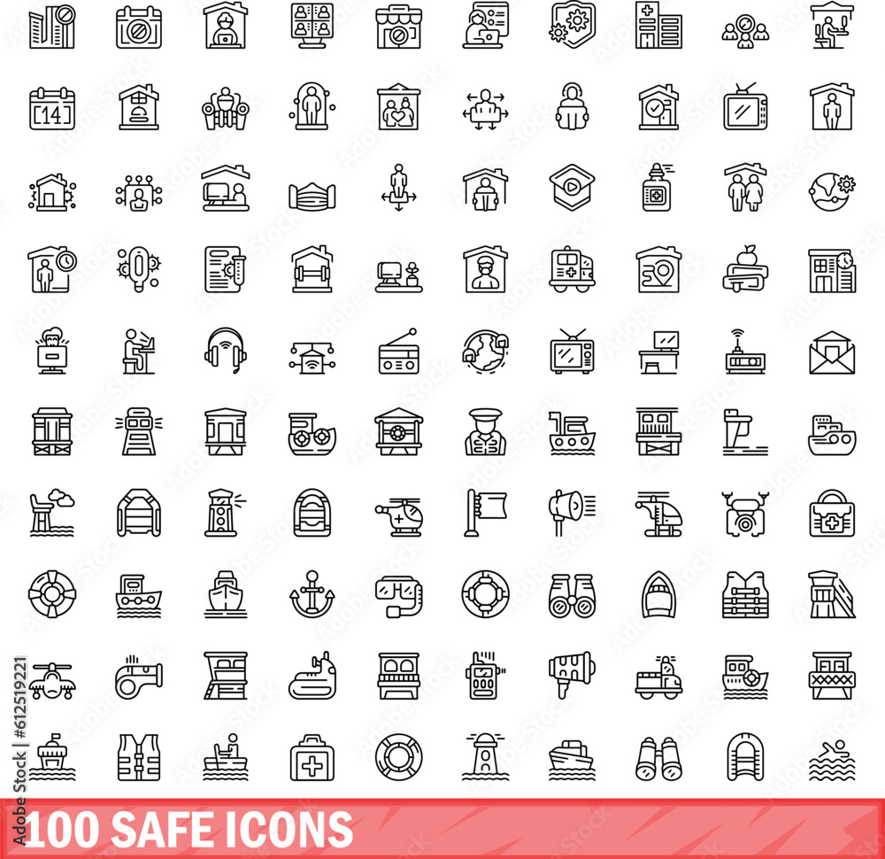 100 safe icons set. Outline illustration of 100 safe icons vector set isolated on white background 100 safe icons set. Outline illustration of 100 safe icons vector set isolated on white background