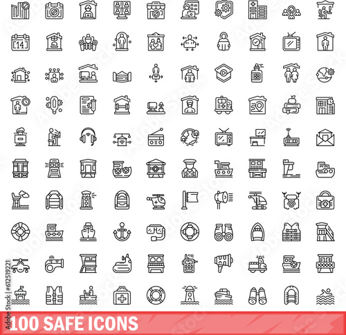 100 safe icons set. Outline illustration of 100 safe icons vector set isolated on white background