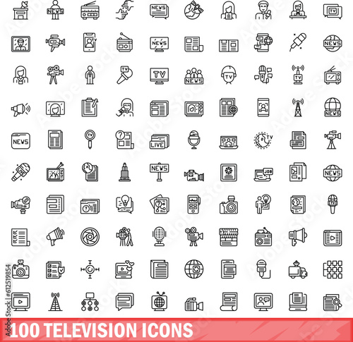 100 television icons set. Outline illustration of 100 television icons vector set isolated on white background