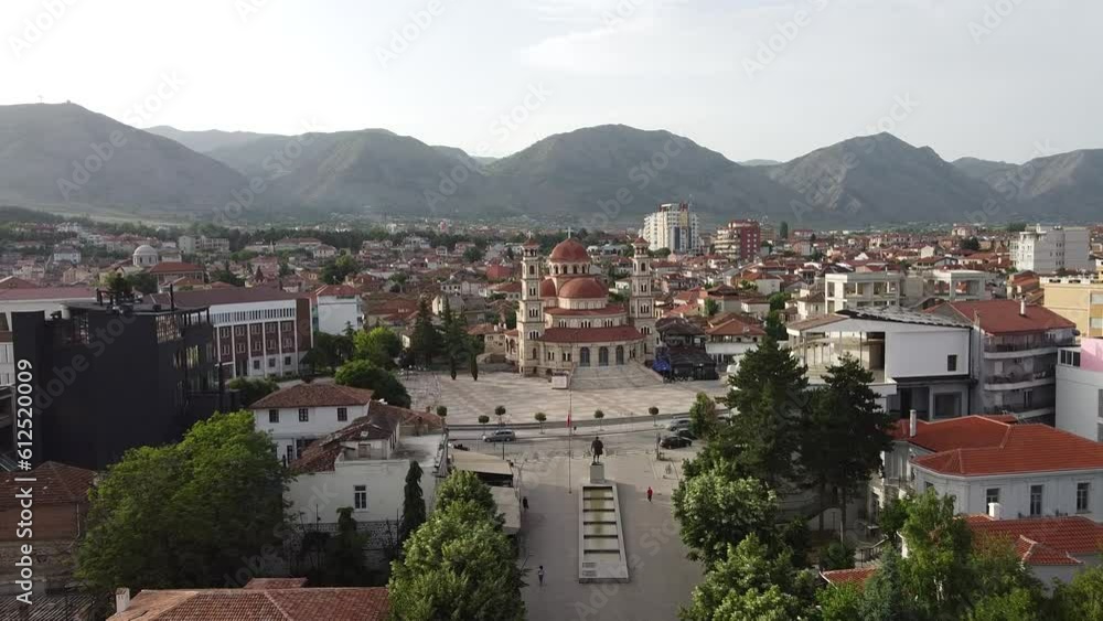 Aerial view of the Resurrection Cathedral with the city in the background, in Korca, Albania Aerial view of the Resurrection Cathedral with the city in the background, in Korca, Albania